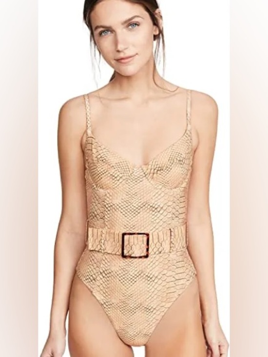 WeWoreWhat Other - WeWoreWhat Snake Print Belted One-Piece Swimsuit Beige Python Print Monokini